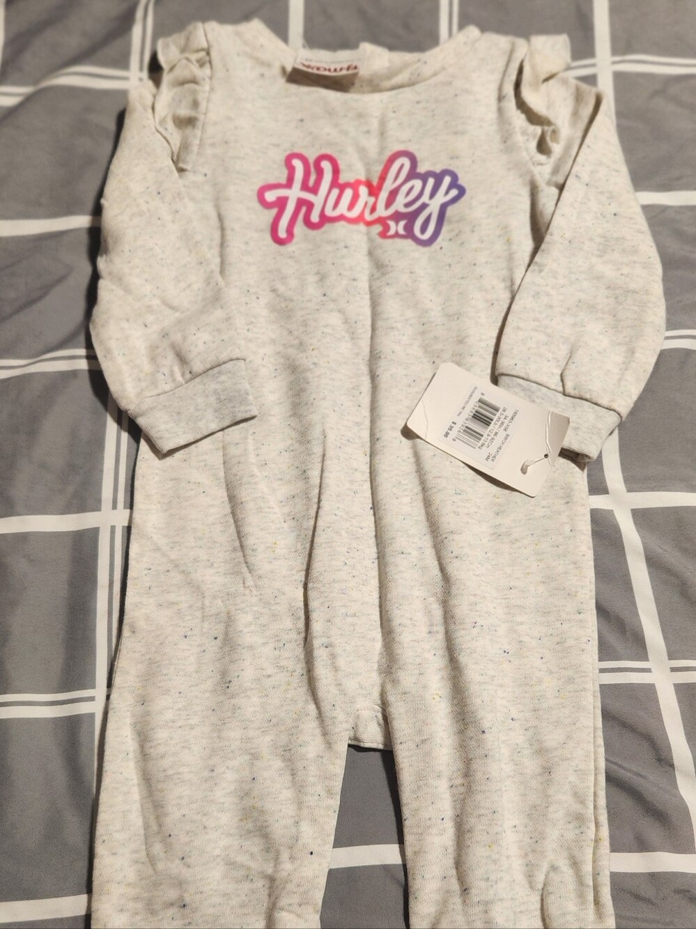 Hurley Cream Speckle Footie with Pink-to-Purple Logo